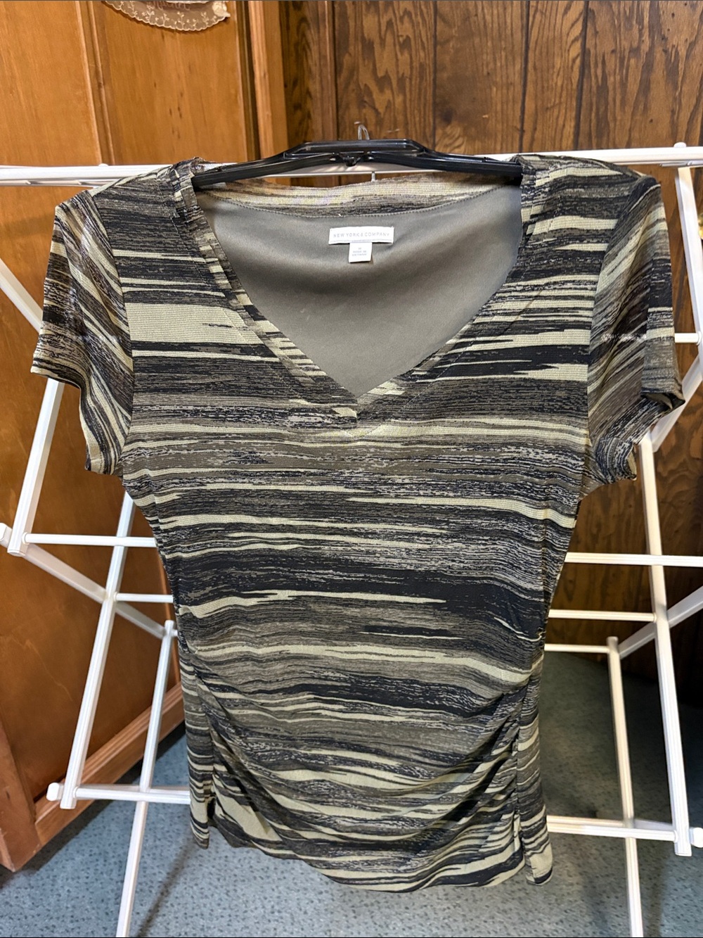 New York & Company Olive and Black Striped V-Neck Tee